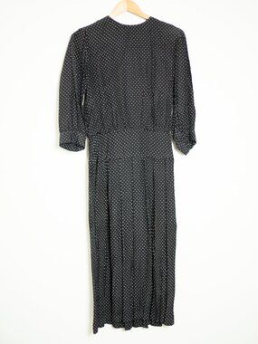 Vintage Polka Dot Midi Dress Black White 3/4 Sleeve Pleated Sz 12 | Lanz